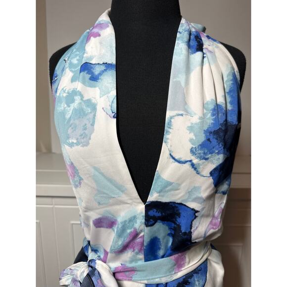 Banana Republic Halter Maxi Dress Blue Purple Watercolor Sz XL Backless Evening - Picture 4 of 13